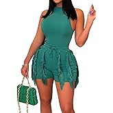 EDITCOZY Women Fringe Shorts 2 Piece Pants Sets Outfits Sexy Tank Crop Tops Tassel Romper Party Club Night