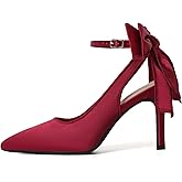 RIBONGZ Heels for Womens Bow Heels with Strappy Wedding Satin Shoes for Bride Closed Pointed Toe Stiletto Slingback Pumps Sexy Ankle Strap Prom Dressy Party Bridesmaid Shoes