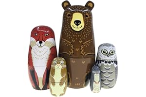 Kakeah Nesting Dolls-Brown Cartoon Owl Bear Fox Raccoon Russian Nesting Dolls Wooden Matryoshka Doll Handmade Stacking Toy Set 5 Pieces for Kids