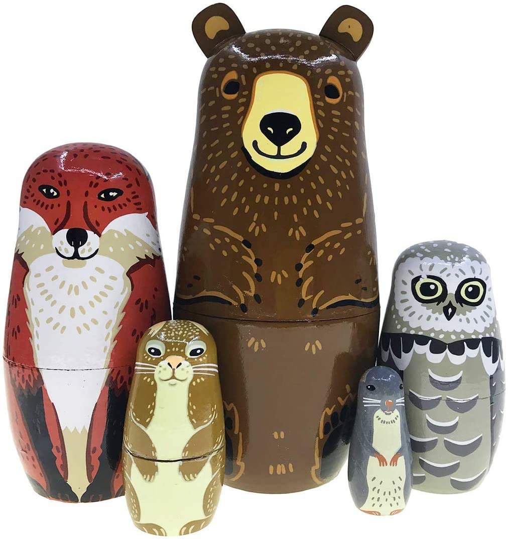 Photo 1 of Kakeah Nesting Dolls-Brown Cartoon Owl Bear Fox Raccoon Russian Nesting Dolls Wooden Matryoshka Doll Handmade Stacking Toy Set 5 Pieces for Kids
