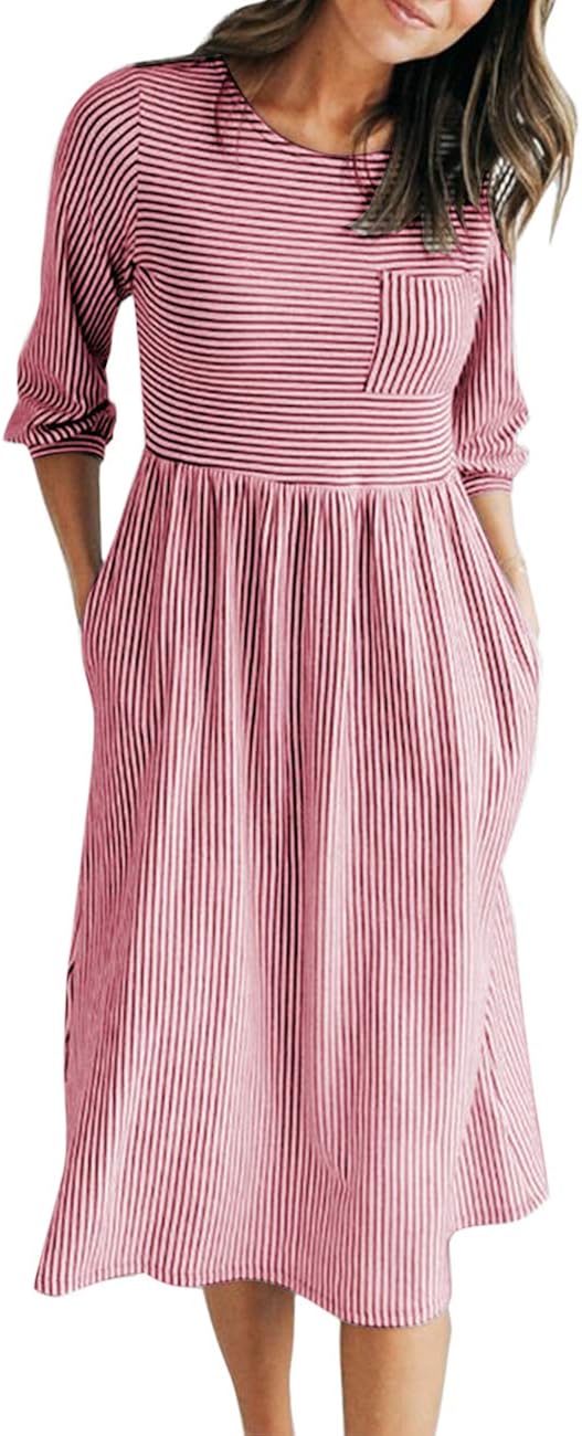 MEROKEETY Women's 3/4 Balloon Sleeve Striped High Waist T Shirt Midi Dress with Pockets