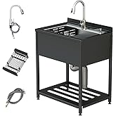 Stainless Steel Utility Sink, 30.8" × 22" × 39.5" Freestanding Sink with Cold and Hot Water Faucet,Hoses and Drain Kit for Ki
