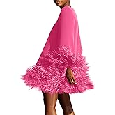 ROKIACDE Trendy Long Sleeve Feathers Midi Dress for Women Plus Size Elegant Formal Smocked Flowy Cute Cocktail Party Dress