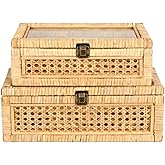 UoeRing Extra Large Rattan Decorative Box With Lid, Glass Display, Wooden frame，Large size and Rectangular, Set of 2 Woven De