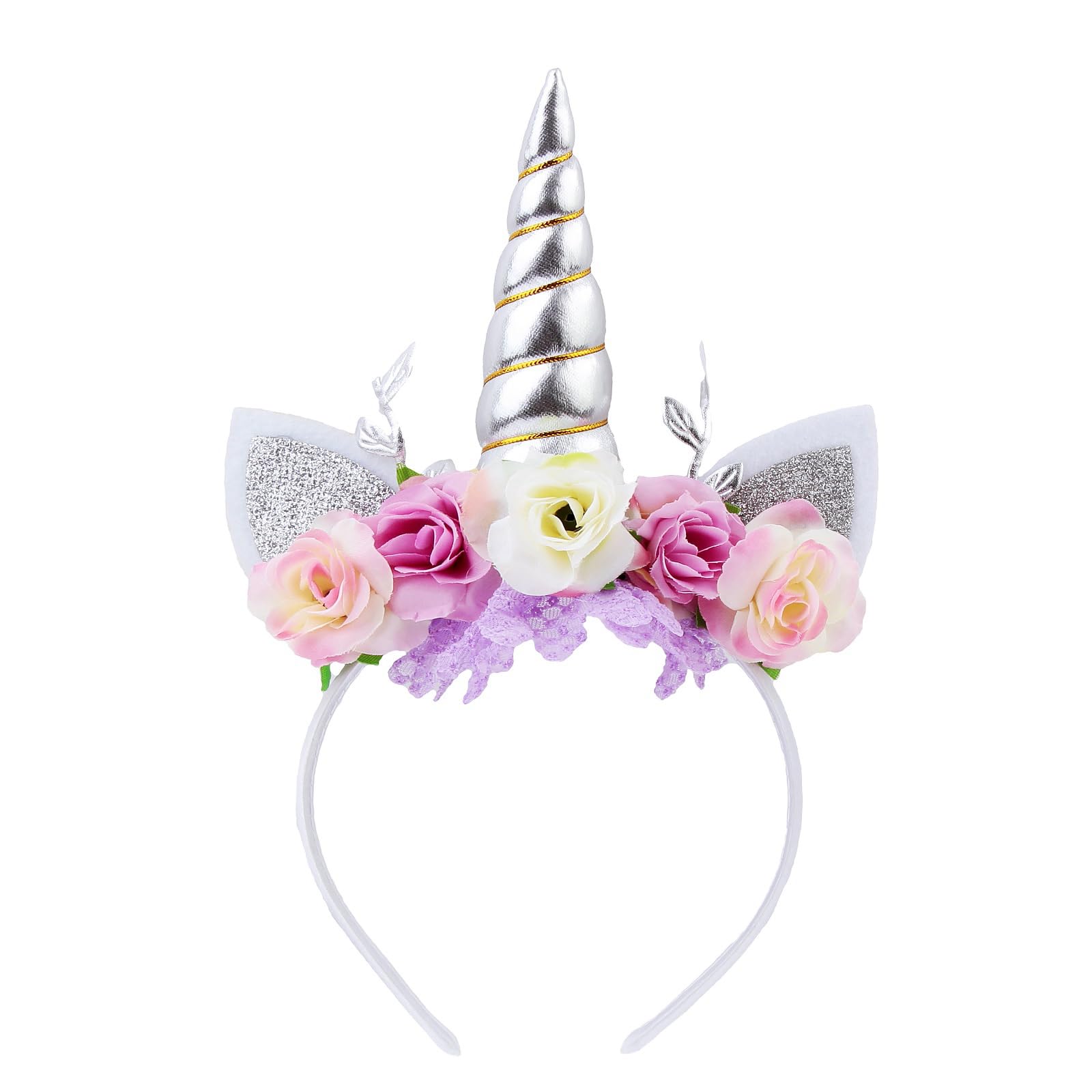 Nishine Rose Floral Unicorn Headband Glitter Horn Headpiece Tiara for Birthday Halloween Party Carnival (Silver&Lilac)