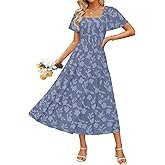 ZESICA Women‘s Summer Boho Floral Midi Dress 2026 Casual Short Sleeve Square Neck Flowy Beach Vacation Long Dress