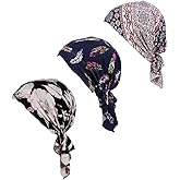 Pre Tied Chemo Head Scarf 3 Packed Beanie Skull Cover Cap for Women (Set6-Long Style)