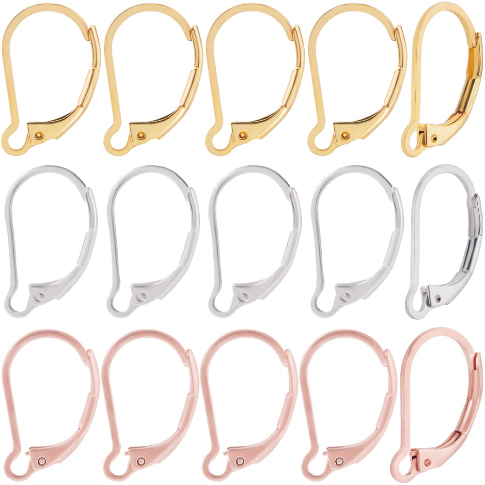Beebeecraft 1 Box 60Pcs Leverback French Earring Hooks 24K Gold & Rose Gold & Sterling Silver Plated Stainless Steel Hypoallergenic Dangle Ear Wire Findings 16.5x10mm for Earrings DIY Jewelry Making