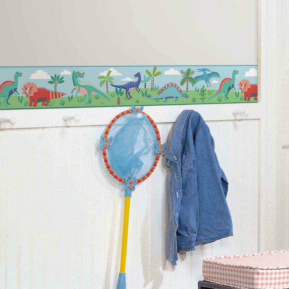 RoomMates RMK11499BD Dinosaur Parade Peel and Stick Wallpaper Border, Blue, Green