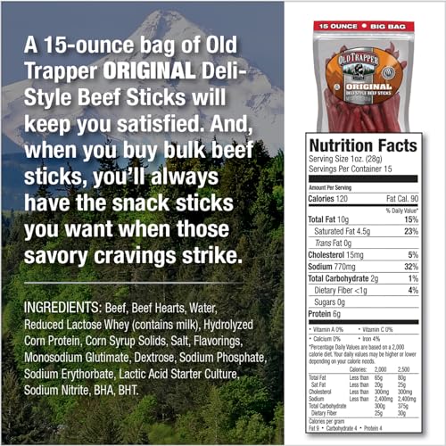 OLD TRAPPER ORIGINAL DELI-STYLE BEEF STICKS,15-OUNCE PACKAGE, PERFECT FOR ON-THE-GO SNACKING, SIX GRAMS OF PROTEIN AND ZERO GRAMS OF SUGAR PER SERVING (PACK OF ONE)