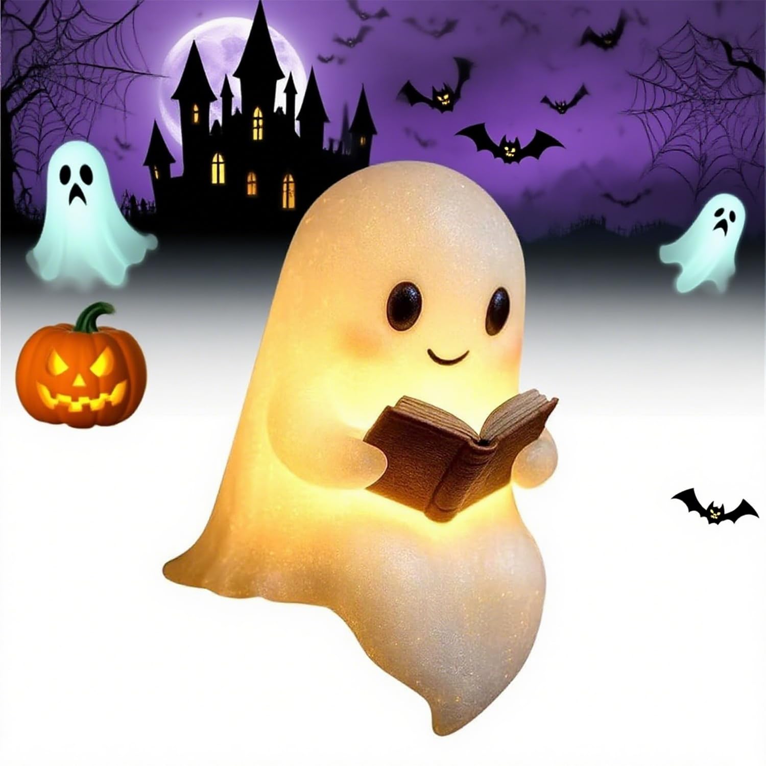 Photo 1 of Halloween Ghost Reading Book Lamp, Cute 3D LED Night Light, Light Up Ghost Statue Night Light House Mantel Decor for Bedroom, Study, Bathroom, Living Room Ghost lamp (1PCS)
