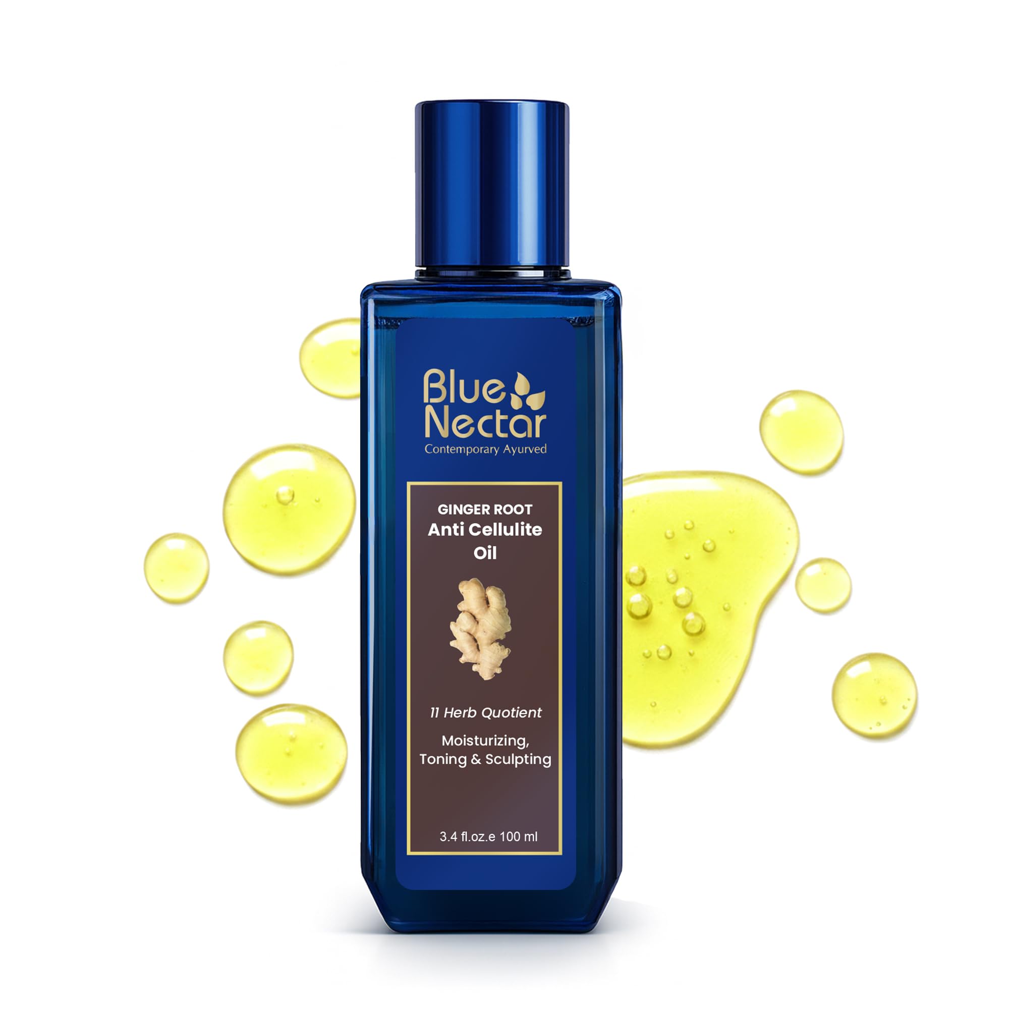 Blue Nectar Ginger Oil Anti Cellulite Body Massage Oil for Skin Tightening, Toning & Hydration | Authentic Ginger Root Massage Oil with Plant Based Vitamin B & C for Women and Men (11 Herbs, 100ml)