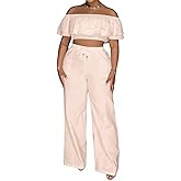 Adogirl 2 Piece Outfits For Women Off Shoulder Ruffle Trim Short Sleeve Top Wide Leg Pants Sets Sexy Outfits