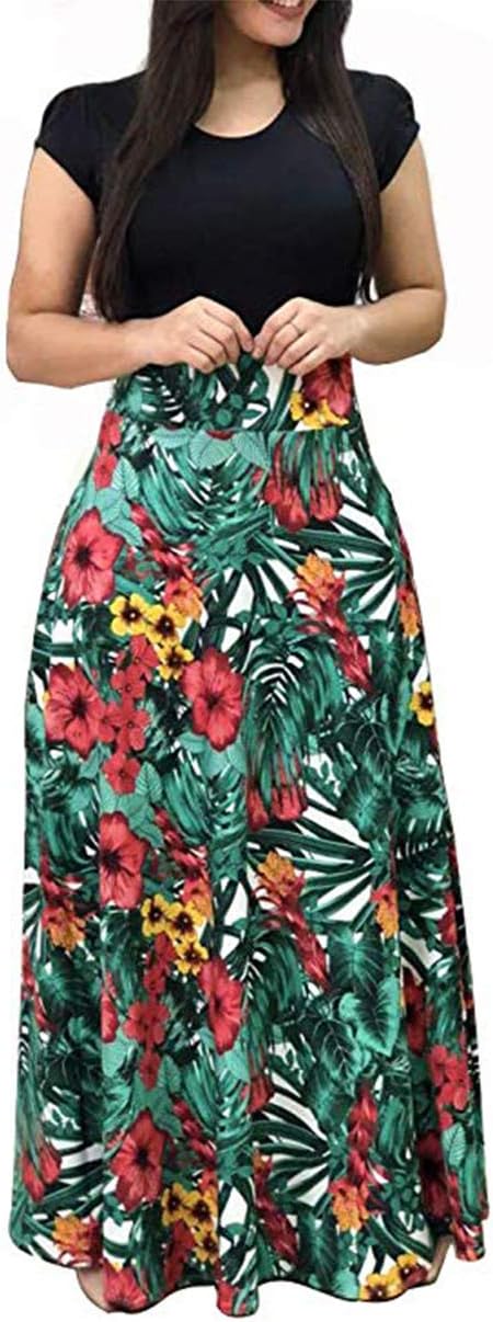 RUEWEY Womens Short Sleeve/Long Sleeve Floral Printed Prom Cocktail Swing Long Dress