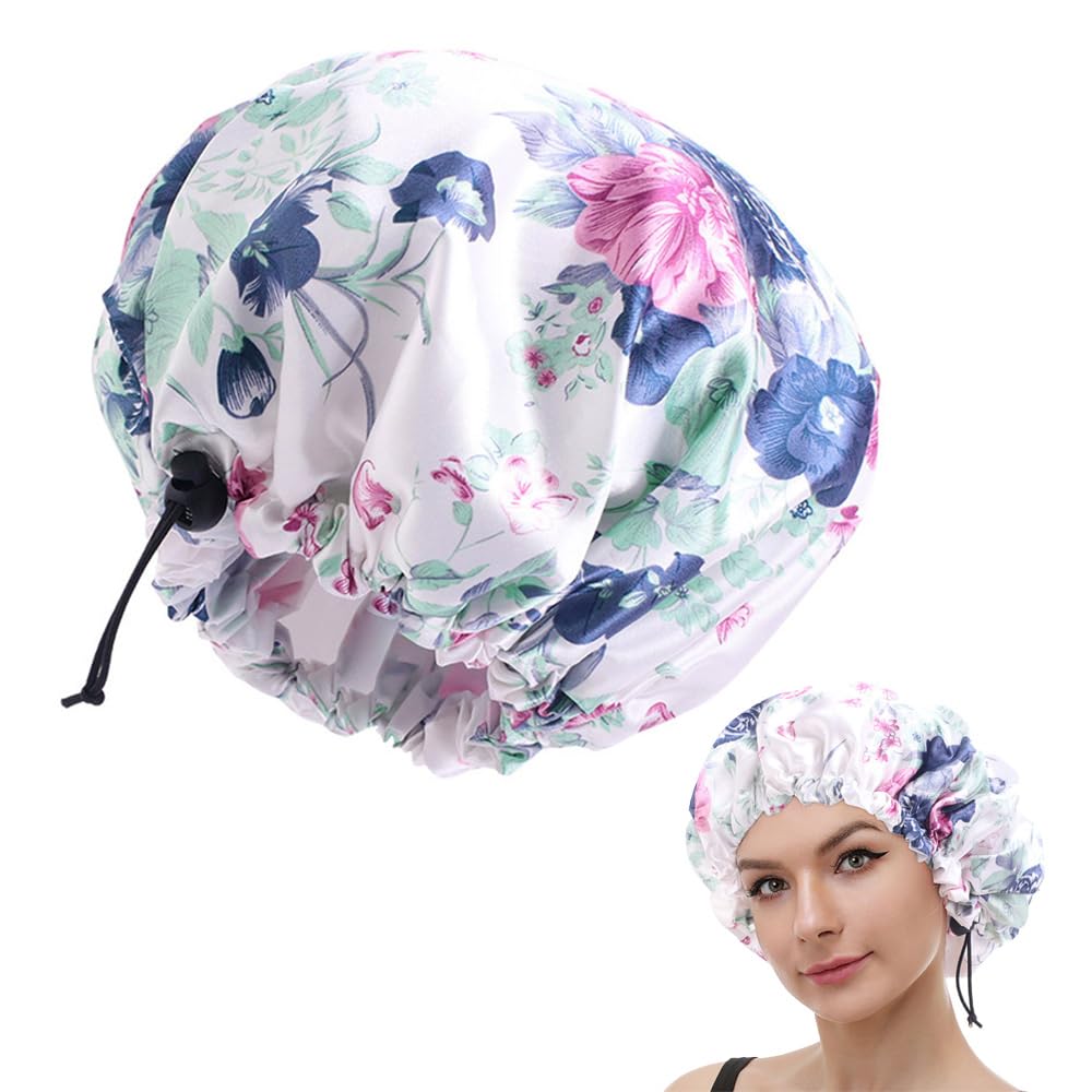Waterproof Shower Caps Adjustable Elastic Band Double Layers Bathing Cap Eva Lining Reusable Shower Hats for Women Girls Ladies Spa Shower Makeup Salon Home Use