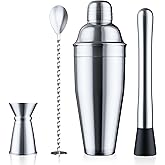 Blue River Water 24oz Cocktail Shaker Set - Martini Shaker w Built-in Drink Shaker Strainer, Muddler, Jigger, Mixing Spoon, Recipe Book for Bartending - Bar Shaker/Alcohol Shaker
