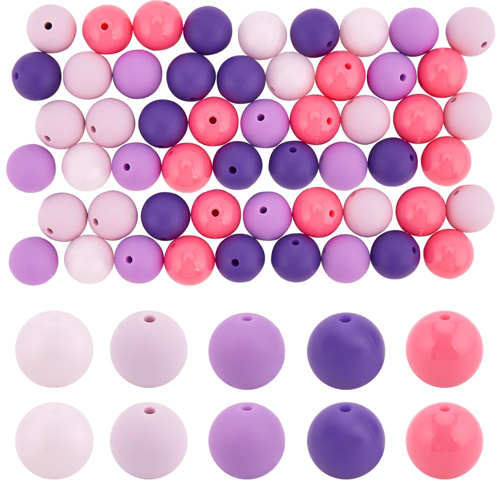 SOFPLATE 60Pcs 1 Box Silicone Beads 15mm Purple Silicone Beads Bulk Large Soft Rubber Candy Color Focal Bubblegum Loose Chunky Bead for DIY jewellery Making Beadable Pens Beading Friendship Crafting