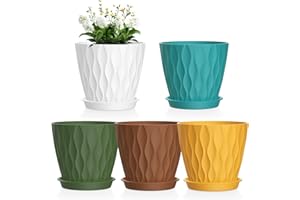Meowell 4 inch Small Plastic Nursery Pots, Seedling Pots, 5 Set Water Ripples Plant Pots for Indoor Plants, Flower Pots with Drainage Holes and Saucers, Seed Starter Pots for Succulent, Colorful