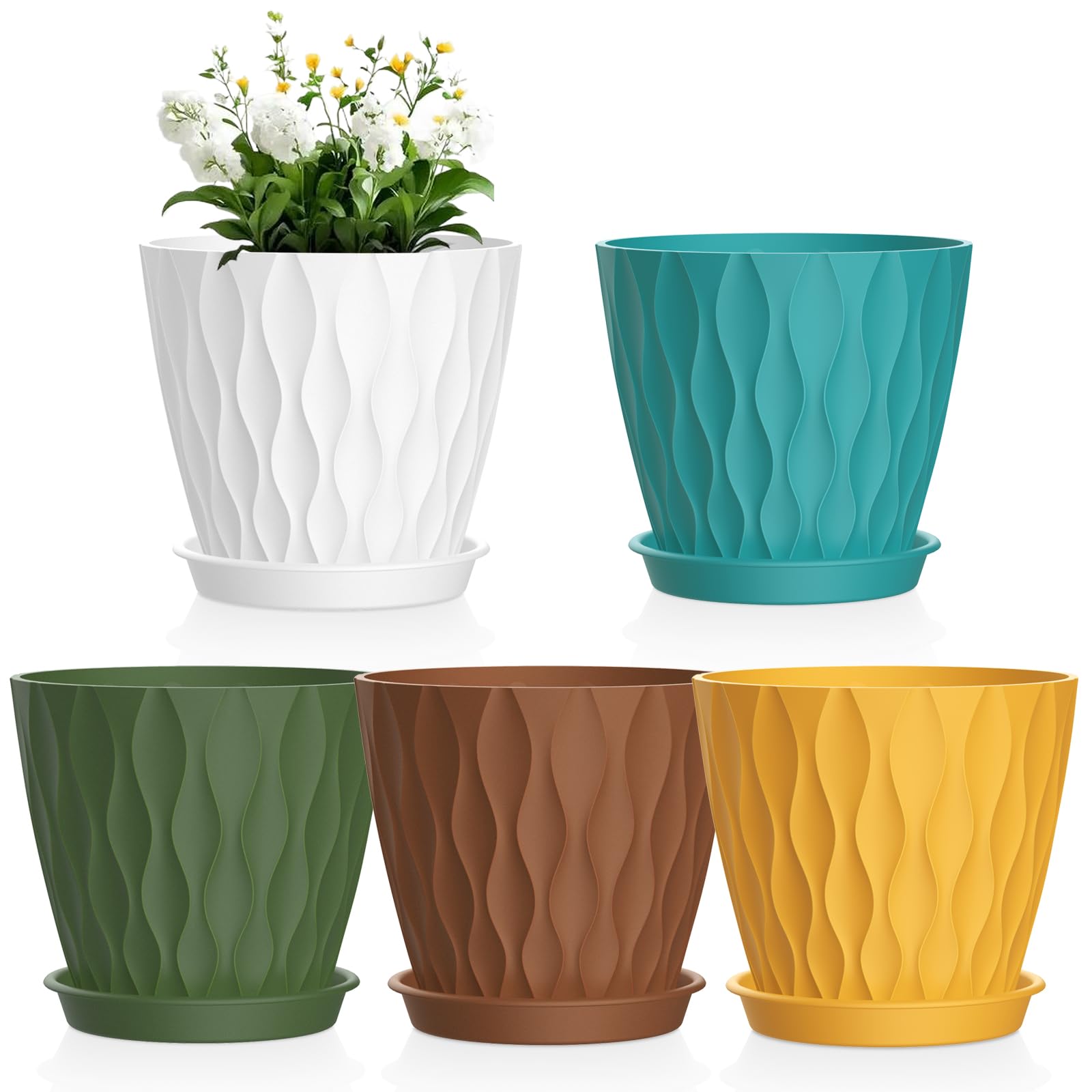 Photo 1 of Meowell 4 inch Small Plastic Nursery Pots, Seedling Pots, 5 Set Water Ripples Plant Pots for Indoor Plants, Flower Pots with Drainage Holes and Saucers, Seed Starter Pots for Succulent, Colorful