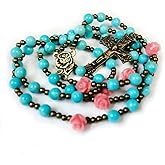 Our Lady of Lourdes Turquoise Stone and Pink Rose Rosary - Catholic Rosary - Rosarios Catolicos - Catholic Gifts Women - Regalos Catolicos Para Mujer