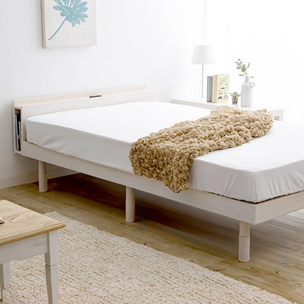 アイリスプラザ ベッド ベッドフレーム 棚付き 2口コンセント ブックシェルフ付 3段階 高さ調整 すのこベッド シングル ホワイト TKSB-S商品画像