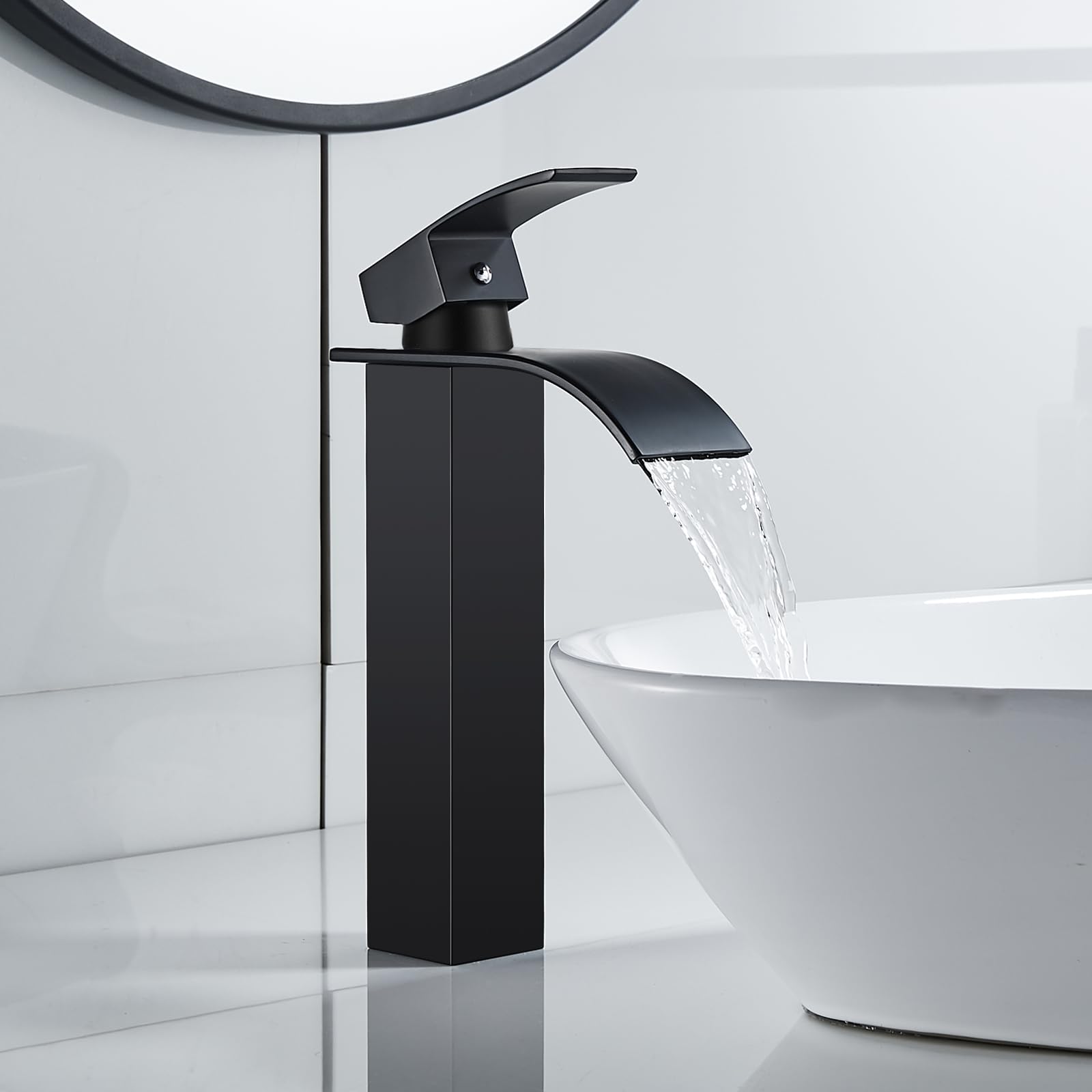 ROVOGO Waterfall High Rise Black Basin Mixer Taps, Square Monobloc Basin Tap, Single Handle Bathroom Sink Mixer Tap