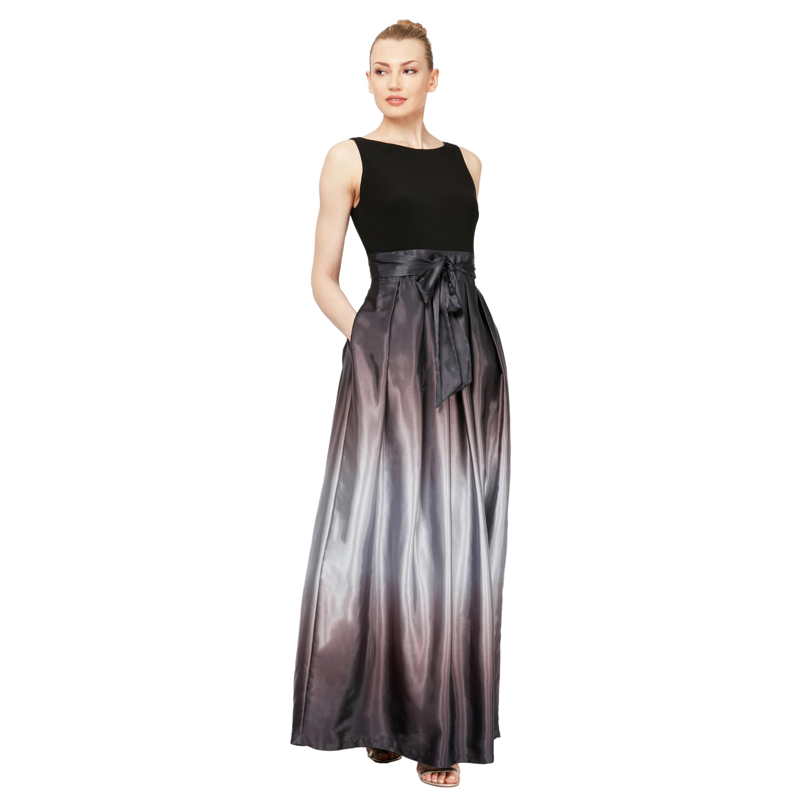 S.L. Fashions Women’s Long Satin Mother of The Bride Dress with Pockets, Formal Party Gown, Black Silver, 8P