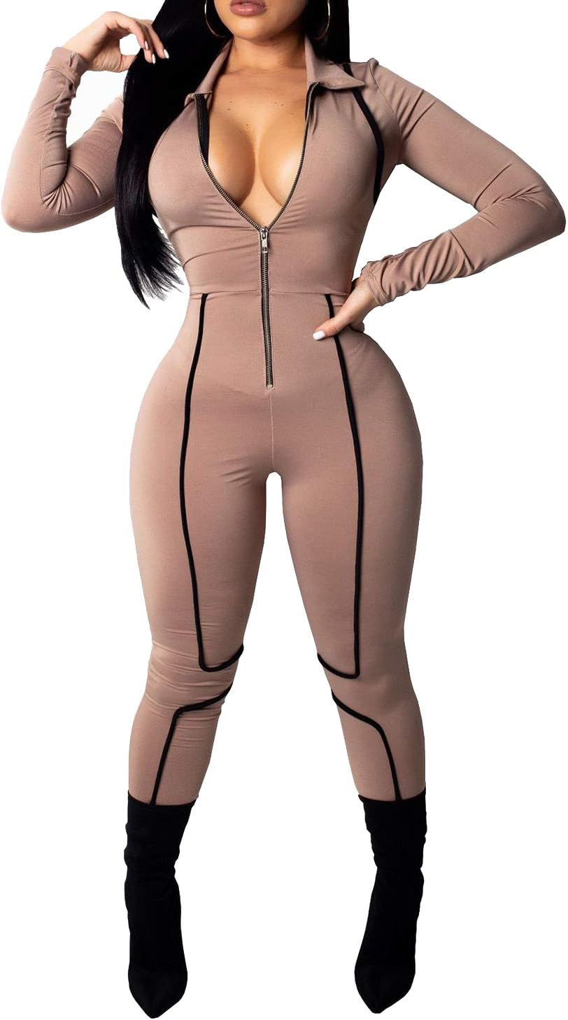 Sprifloral Womens Long Sleeve Solid Zipper Bodycon Jumpsuit One Piece Outfits Jogging Suit