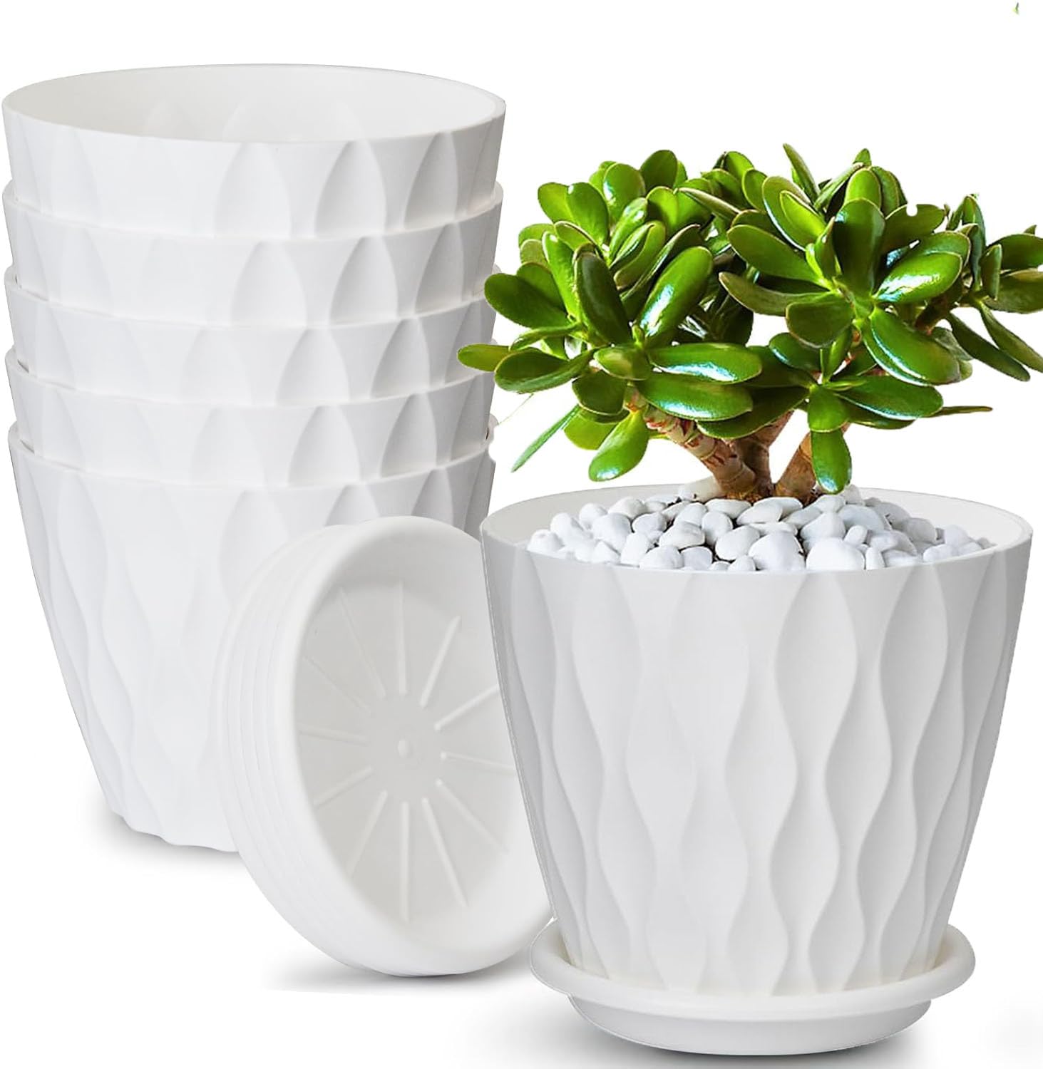 Aeetial 6 inch Plant Pots 5 Packs Plastic Flower Pots, Heavy Duty Planter Holder Pots with Drainage Holes & Saucers for Indoor/Outdoor Plants, Flowers (White)