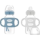 Dr. Brown’s Milestones Wide-Neck Transitional Sippy Bottle with Silicone Handles 9oz 270mL 6m+ Light Blue and Gray 2-Pack