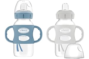 Dr. Brown's Milestones Wide-Neck Sippy Spout Bottle with 100% Silicone Handles, Easy-Grip Handles with Soft Sippy Spout, 9oz/270mL, Light-Blue & Gray, 2-Pack, 6m+