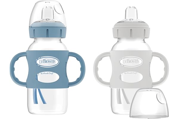 Dr. Brown’s Milestones Wide-Neck Transitional Sippy Bottle with Silicone Handles 9oz 270mL 6m+ Light Blue and Gray 2-Pack
