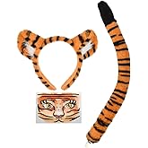 PATURPINT Tiger Costume Accessory Set, Orange and Black Plush Ears Headband, Tail with Face Art Decor, for Dress Up, Cosplay