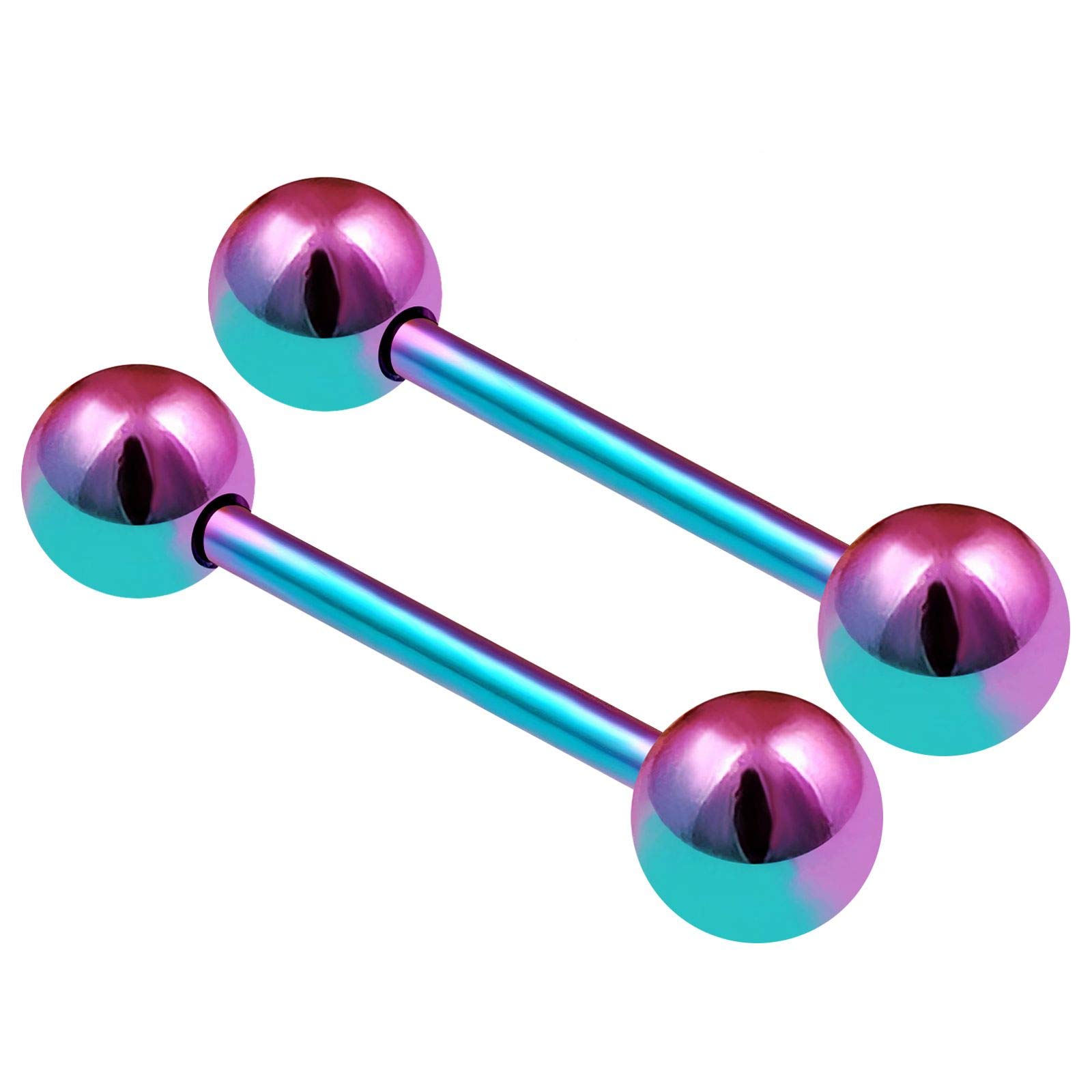 KJM FASHION 2PCS Stainless Steel Rainbow Tongue Bar Rings Stud Barbell 14 Gauge 5/8 16mm 6mm Ball Nipple Bars Piercing Jewellery 2507