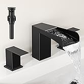 Kroias 8 Inch Square Matte Black Widespread Bathroom Sink Faucets 3 Hole, Stainless Steel Waterfall Bathroom Faucet with Pop Up Drain and cUPC Supply Lines, Two Handles for Vanity, Lavatory