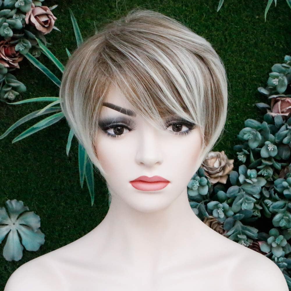 Queentas Brown Mixed Blonde Pixie Cut Short Wig with Bangs Dark Roots Heat Resistant Synthetic Hair Wigs for Women - Image 3
