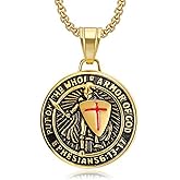 Yaumatea Armor of God Cross Pendant Necklace, Shield of Faith, Ephesians 6:16-17, Religious Amulet, Knights Templar Crusader, Stainless Steel 24" Chain