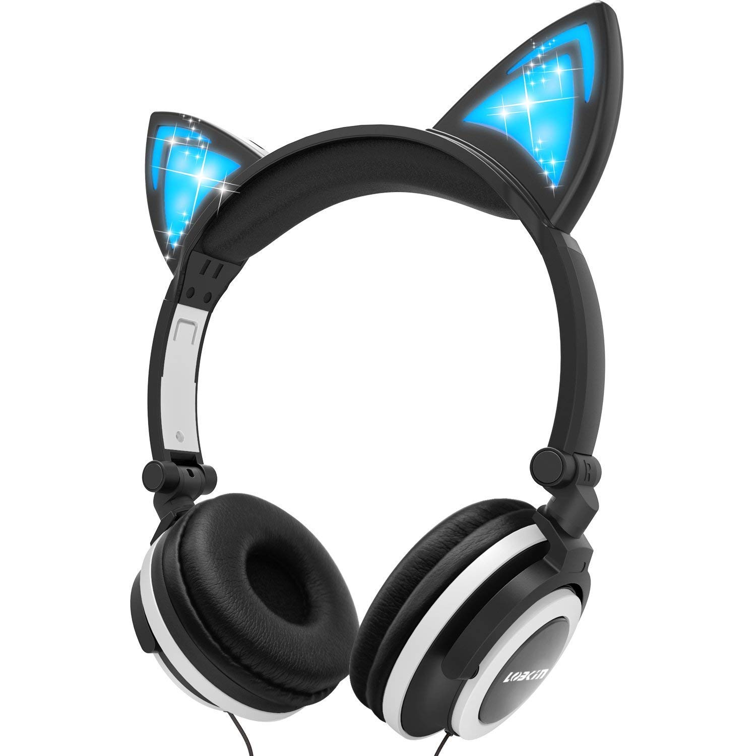 Cat Ear Headphone,LOBKIN Foldable Wired Over Ear Kids Headphone with Glowing Light for Girls Children Cosplay Fans,Compatible for iPhone,Android Phone (Black)