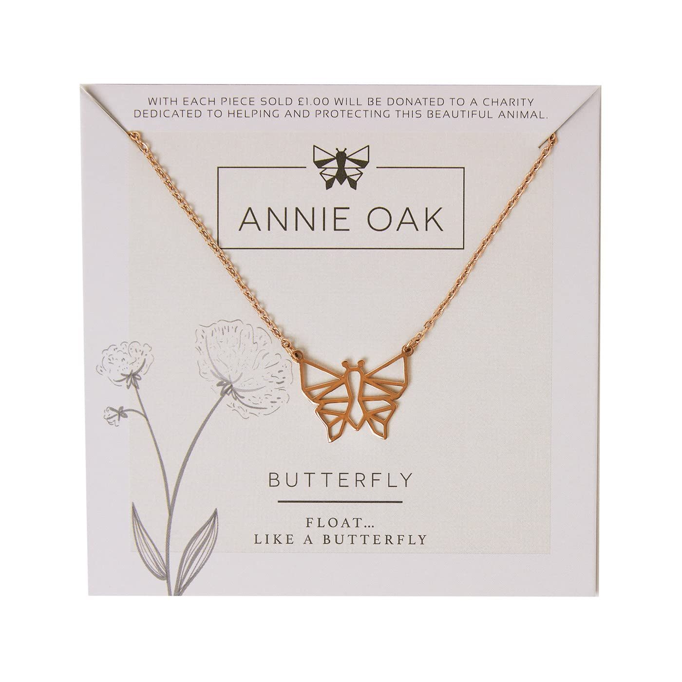 Annie Oak Womens 316L Stainless Steel 18k Rose Gold Geometric Butterfly Princess Length Necklace