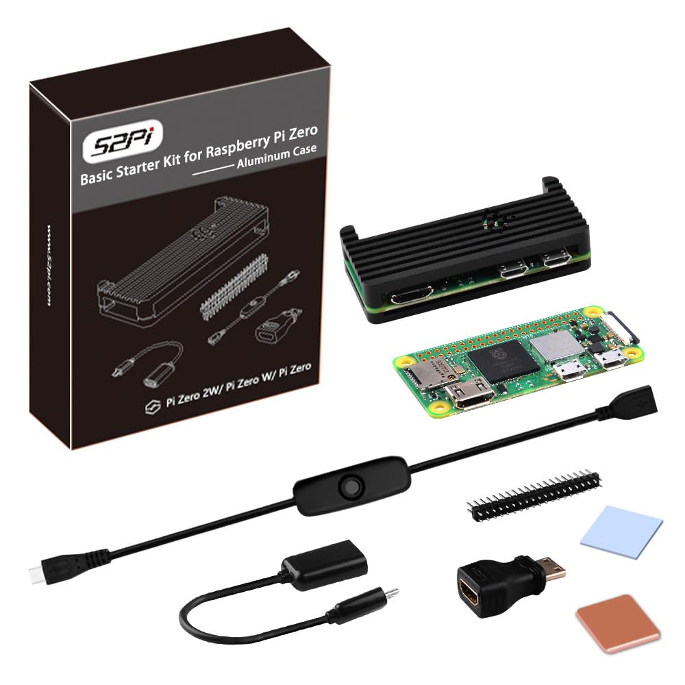 GeeekPi Basic Starter Kit for Raspberry Pi Zero 2 W, with Aluminum Case, 20Pin GPIO Header, OTG Cable, MicroUSB Switch Cable, Heatsinks, HDMI Adapter