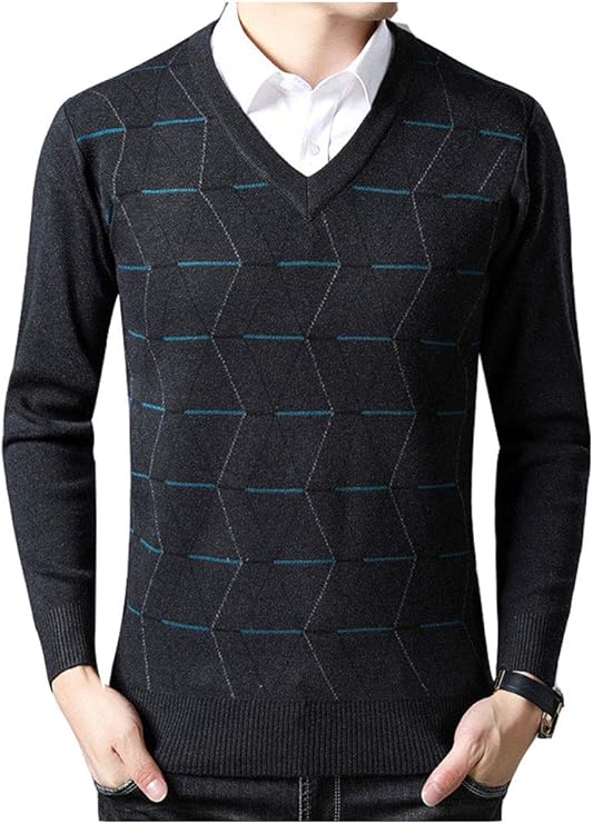 Men's Classic Diamond Pattern Sweater Casual V Neck Long Sleeve Pullover Sweater Fashion Elegant 
