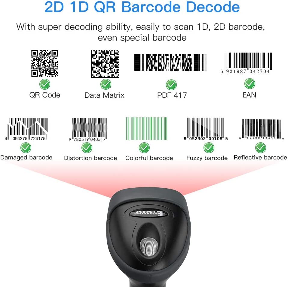 Eyoyo USB 2D Barcode Scanner, Handheld Wired 1D QR PDF417 Data Matrix Bar Code Scanner with USB Cable for Mobile Payment, Convenience Store, Supermarket, Warehouse…