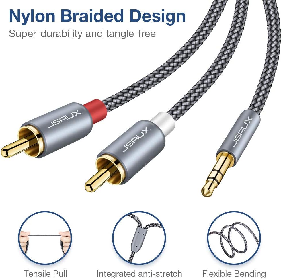 JSAUX RCA Cable, [4ft/1.2M, Dual Shielded Gold-Plated] 3.5mm Male to 2RCA Male Stereo Audio Adapter Cable Nylon Braided AUX RCA Y Cord for Smartphones, MP3, Tablets, Speakers, HDTV [Grey]: Industrial & Scientific