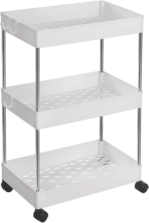 Chariot Mobile 3 Niveaux StowBin – Desserte Sur Roulettes Avec Freins – Rangement Cuisine, Salle De Bain – Blanc