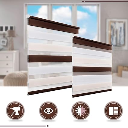 HOMEDEMO Duo Rollo Klemmfix ohne Bohren mit klemmträger Doppelrollo für Fenster und Tür 105 x 150 cm Weiss-Beige-Braun