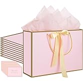 woric 10 Pcs Pink Gift Bags with Handles, 14" x10”x4.5” Medium Pink Bags with 20 Tissue Paper & 10 Cards for Valentine's Day Party Favors Birthday Baby Shower Wedding Bridesmaid