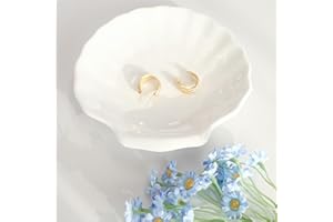 CCINPPY Shell Ring Dish Tray, Ceramic Jewelry Tray Trinket Dish, Seashell Key Holder Bowl, Beach Room Coastal Decor Aesthetic, Ocean Bathroom Counter Decor, White, Large