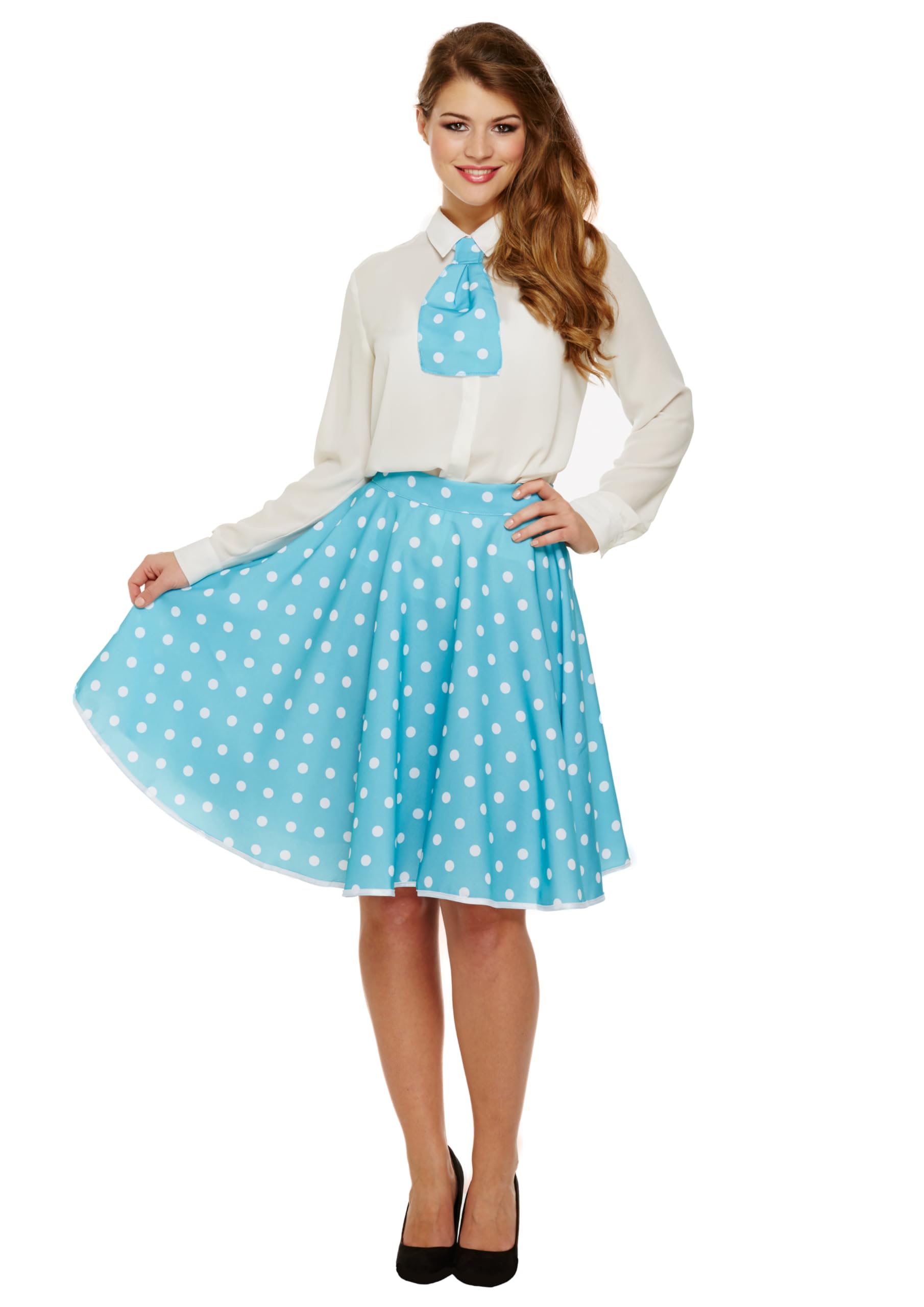 HENBRANDT Adult Blue Polka Dot Skirt & Necktie Costume - Retro 50s Vintage Fancy Dress Outfit One Size Fits Most Party Accessory Classic Pin-Up Style Themed Parties