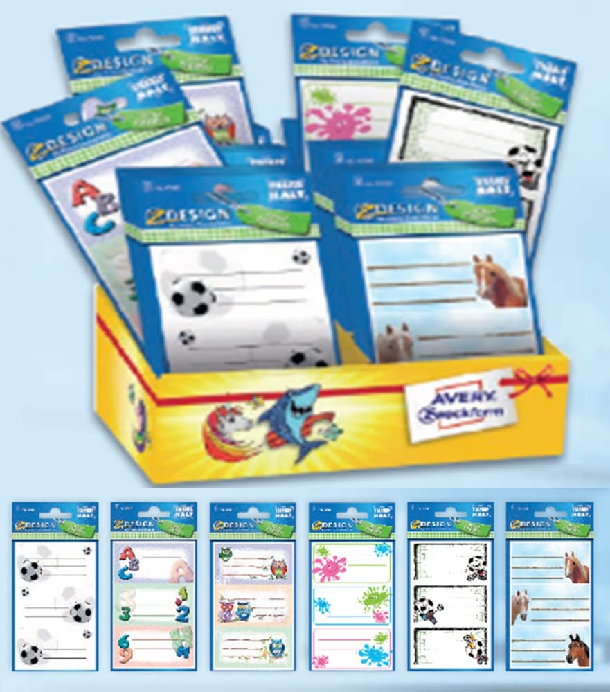 Avery Italia 48669 - assortimento su espositore di 60 stickers adesivi, decorativi per libri, quaderni e materiali per la scuola, 6 fantasie, 60 pezzi totali