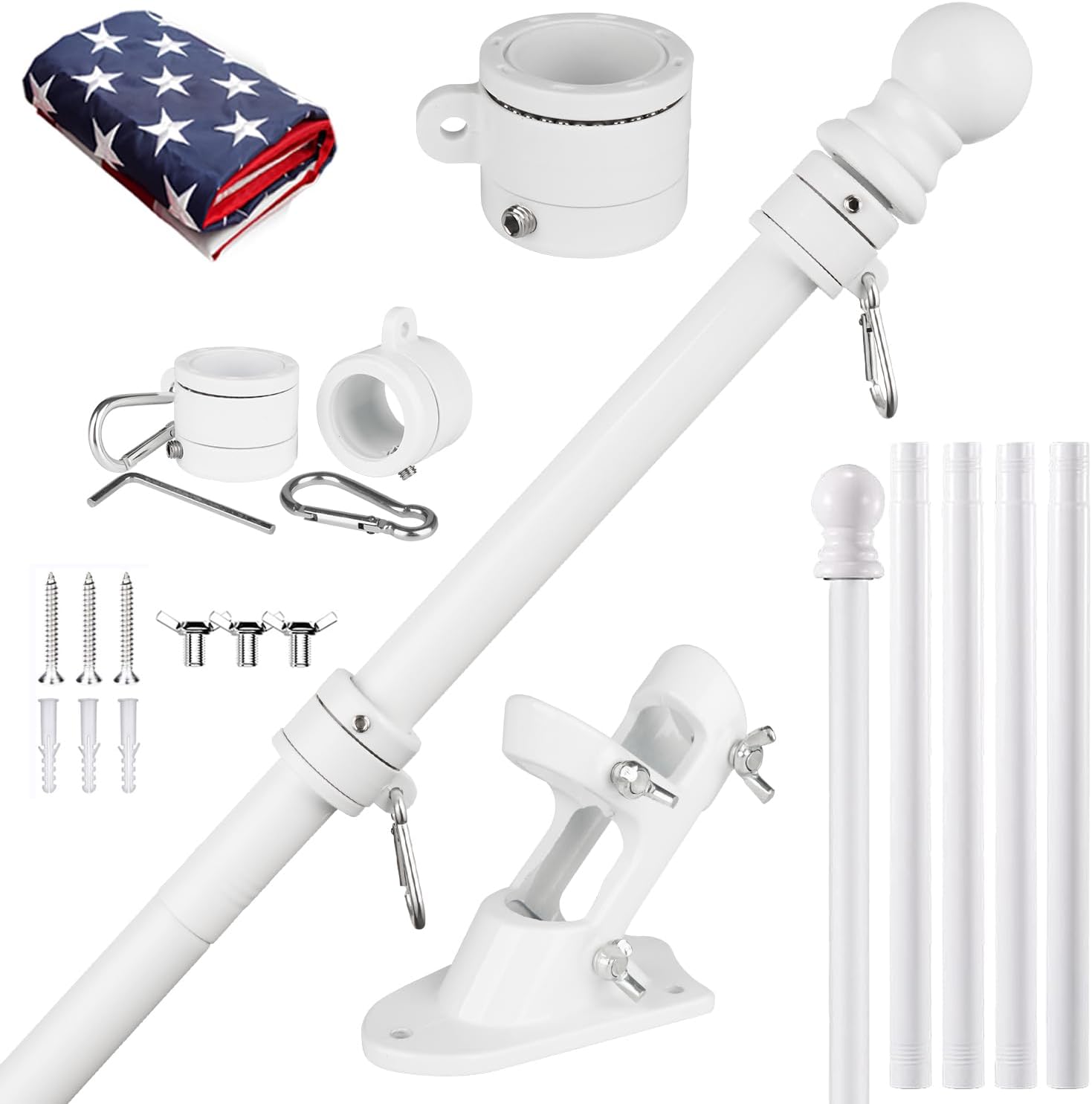 Flagpole Hardware - EAGLE TOP American Flag Pole Kit, 6 FT Flag Poles for Outside House, Tangle Free White Flag Pole, Stainless Steel Residential or Commerical Outdoor Flagpole